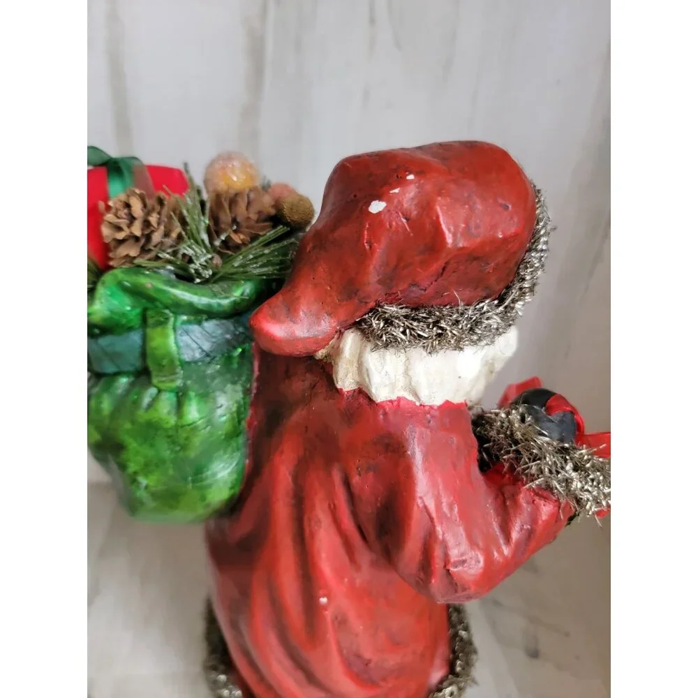 Vintage‎ santa claus tinsel robe basket xmas decor Woodland sack toy